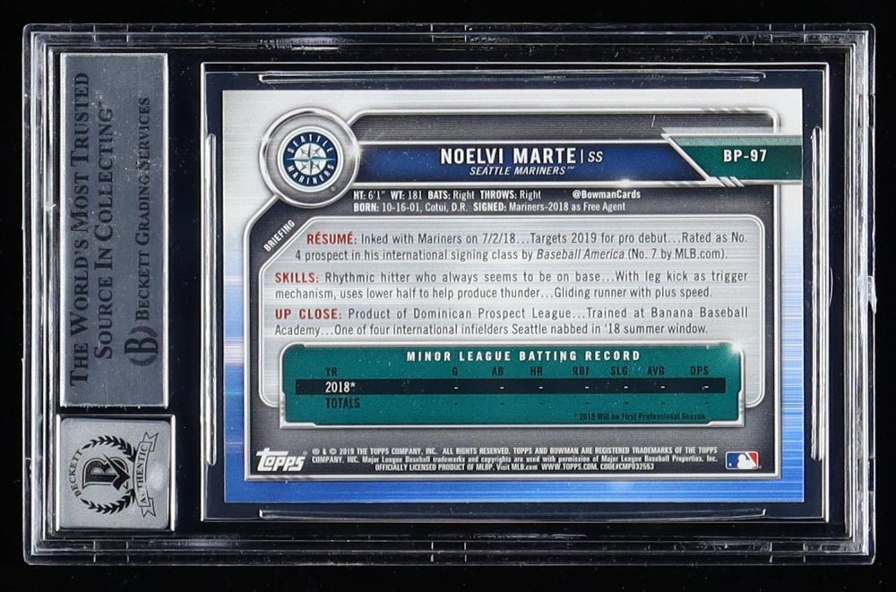 Noelvi Marte Signed 2019 Bowman Prospects #BP97 RC (BGS 10), Sports Card