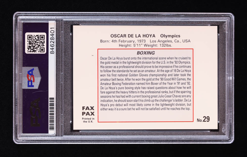 Oscar de la Hoya Signed 1993 Fax Pax World of Sport #29 (PSA), Sports Card (view 2)