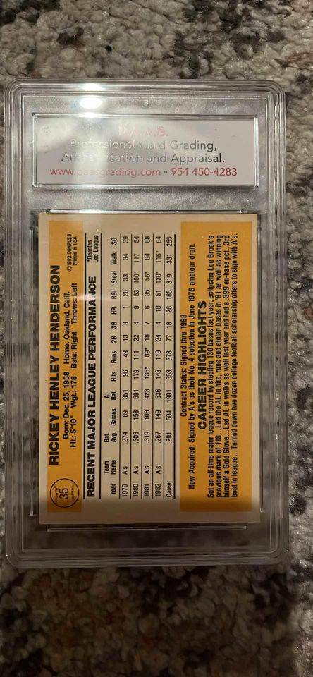 Rickey Henderson baseball card showing recent major league stats and player information in a protective case