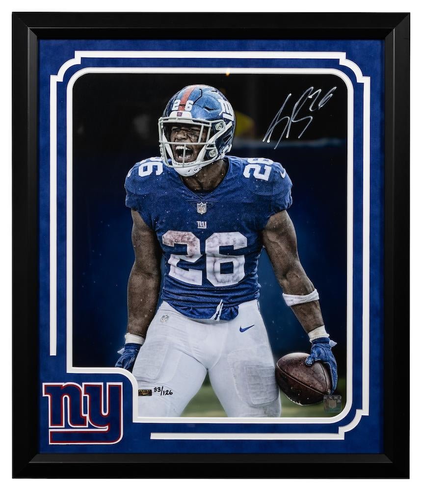 Saquon Barkley Signed Giants LE Custom Framed Photo 20" by 24"(Panini) Limited Edition of 126, Autographed Memorabilia