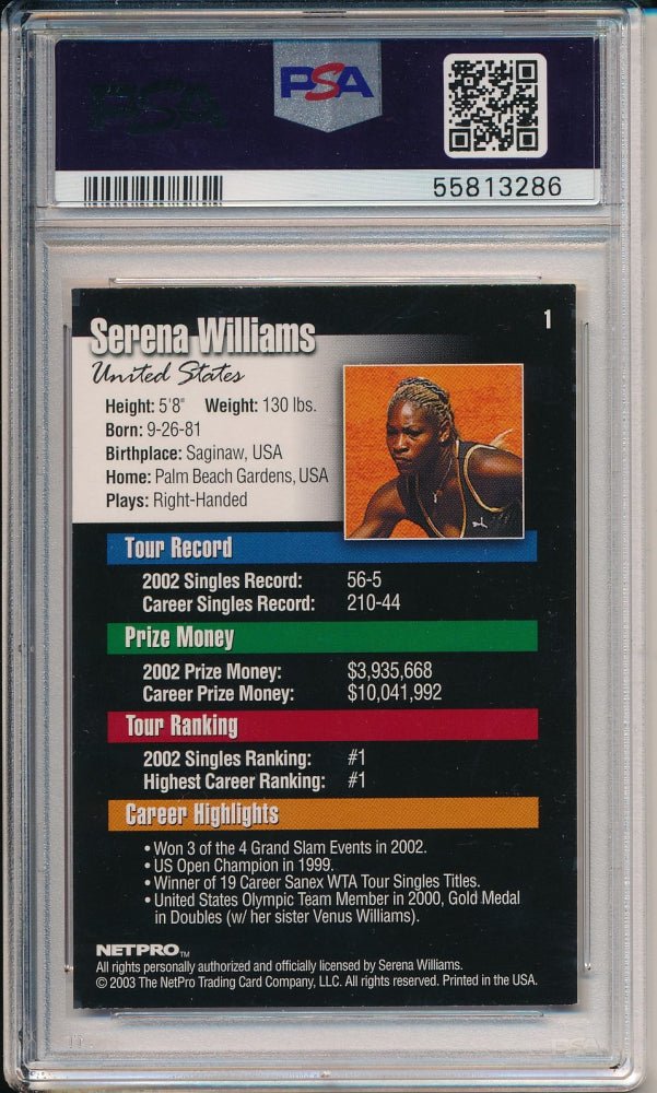 Serena Williams 2003 NetPro #1 RC (PSA 9), Sports Card