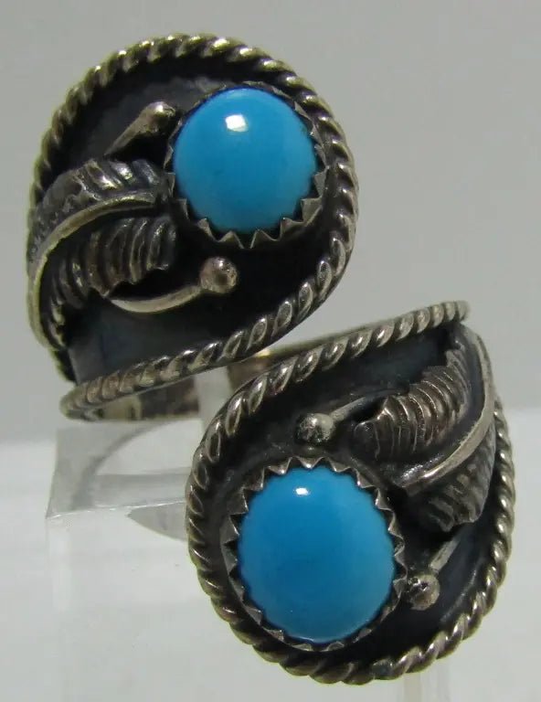 Sleeping Beauty Turquoise Bypass Ring, Sterling Silver, Southwestern Feather Design, Jewelry