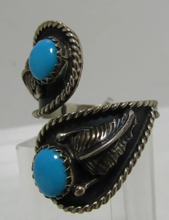 Sleeping Beauty Turquoise Bypass Ring, Sterling Silver, Southwestern Feather Design, Jewelry (view 2)
