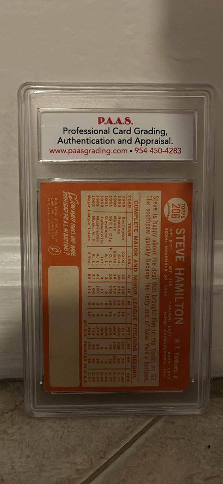 Steve Hamilton 1965 Topps baseball card graded and authenticated by P.A.A.S. in protective plastic case