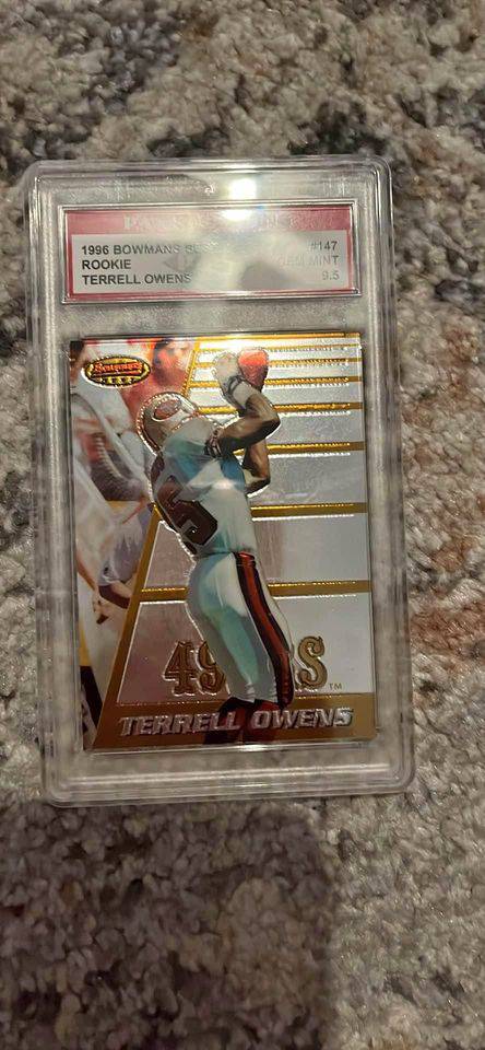 1996 Terrell Owens rookie card graded PSA Gem Mint 9.5 featuring action photo in 49ers uniform