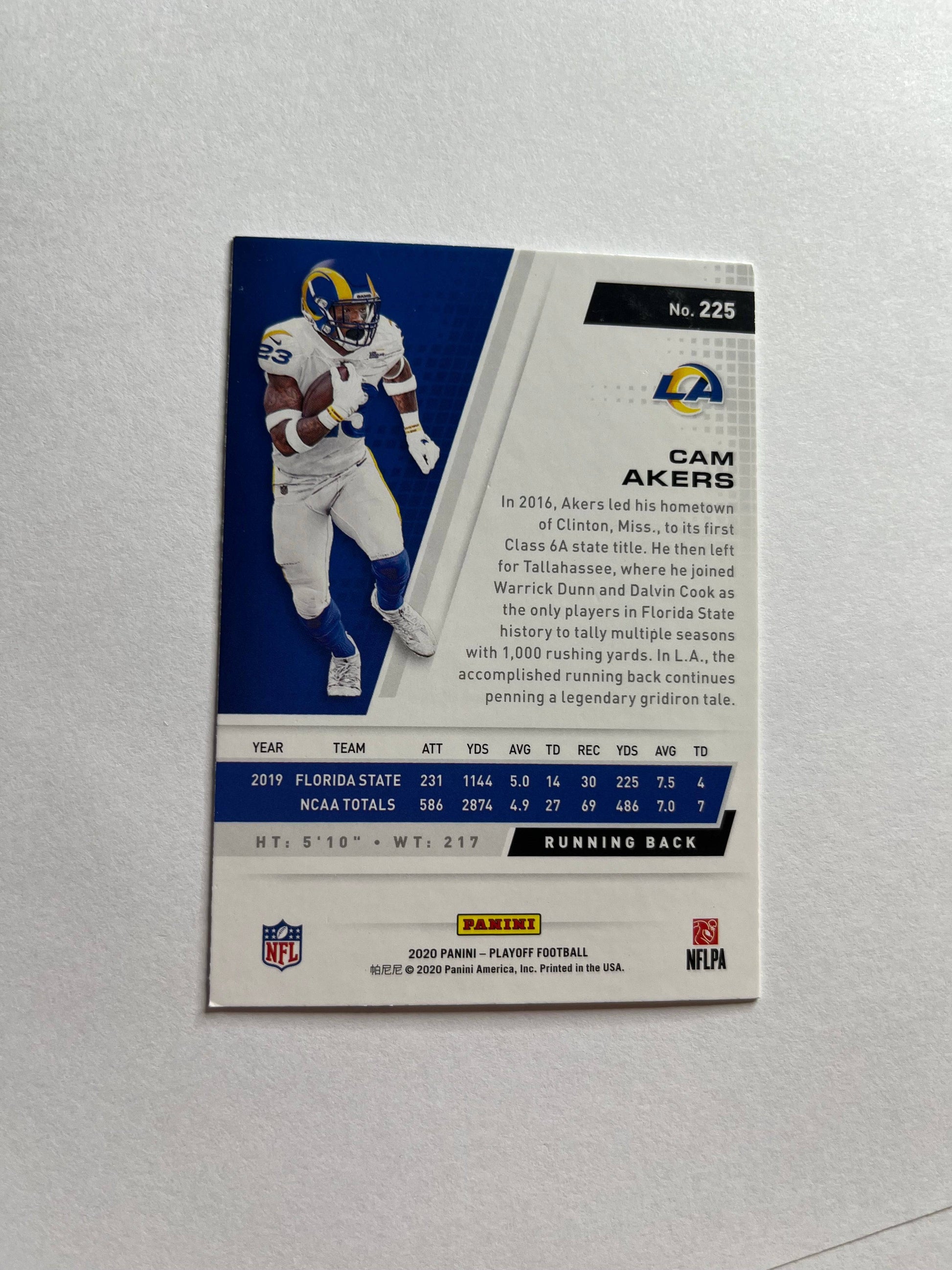 Cam Akers 2020 Playoff Kickoff Green Rookie football card number 225 showing player stats and photo