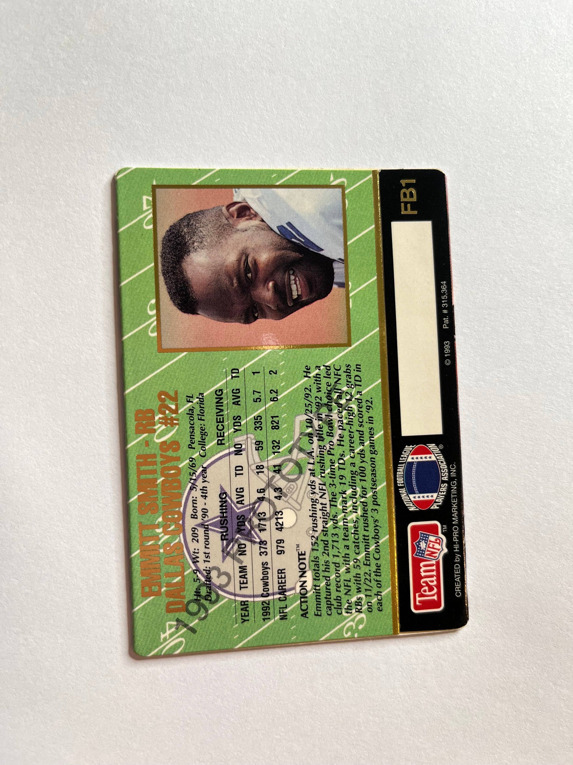 Emmitt Smith 1993 Action Packed Promo #FB1 football card signed by Dallas Cowboys running back with stats and photo