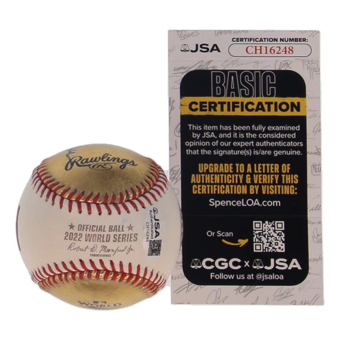 Reggie Jackson Signed 2022 World Series Gold Baseball Inscribed Mr October JSA, Autographed Ball (view 2)