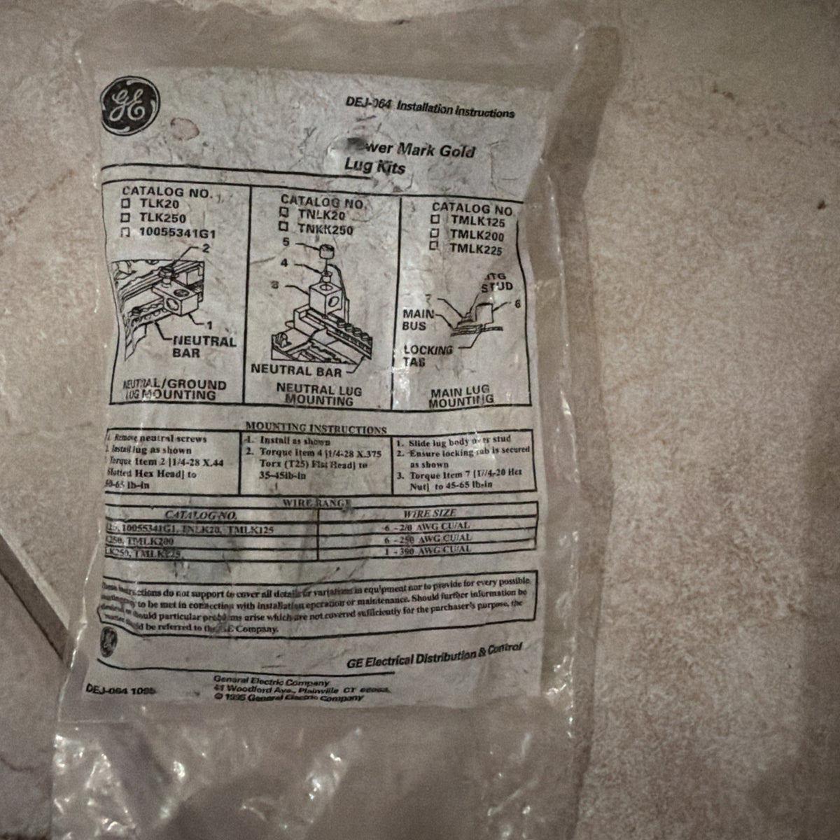 GE TLK250 Neutral/Ground Lug Kit 200 Amp #6-250 MCM Cu/Al