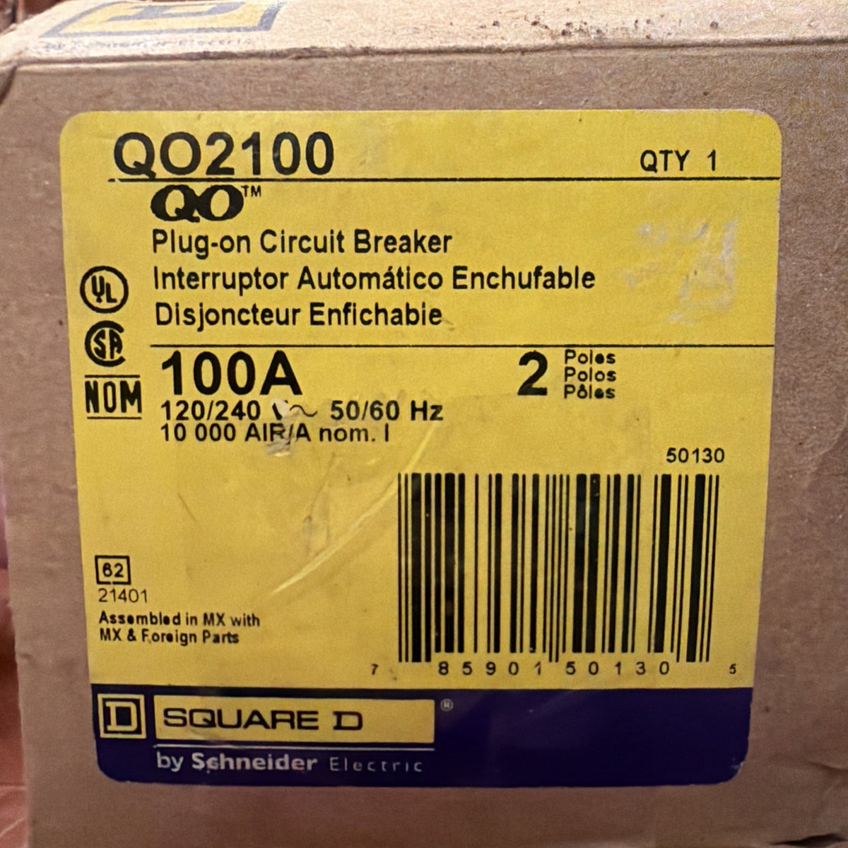 Square D QO2100 100 Amp 2-Pole Type QO Plug-On Circuit Breaker