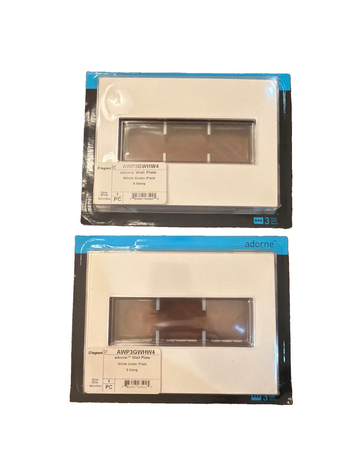 Lot of 2 Legrand Adorne 3-Gang Gloss White Screwless Wall Plates