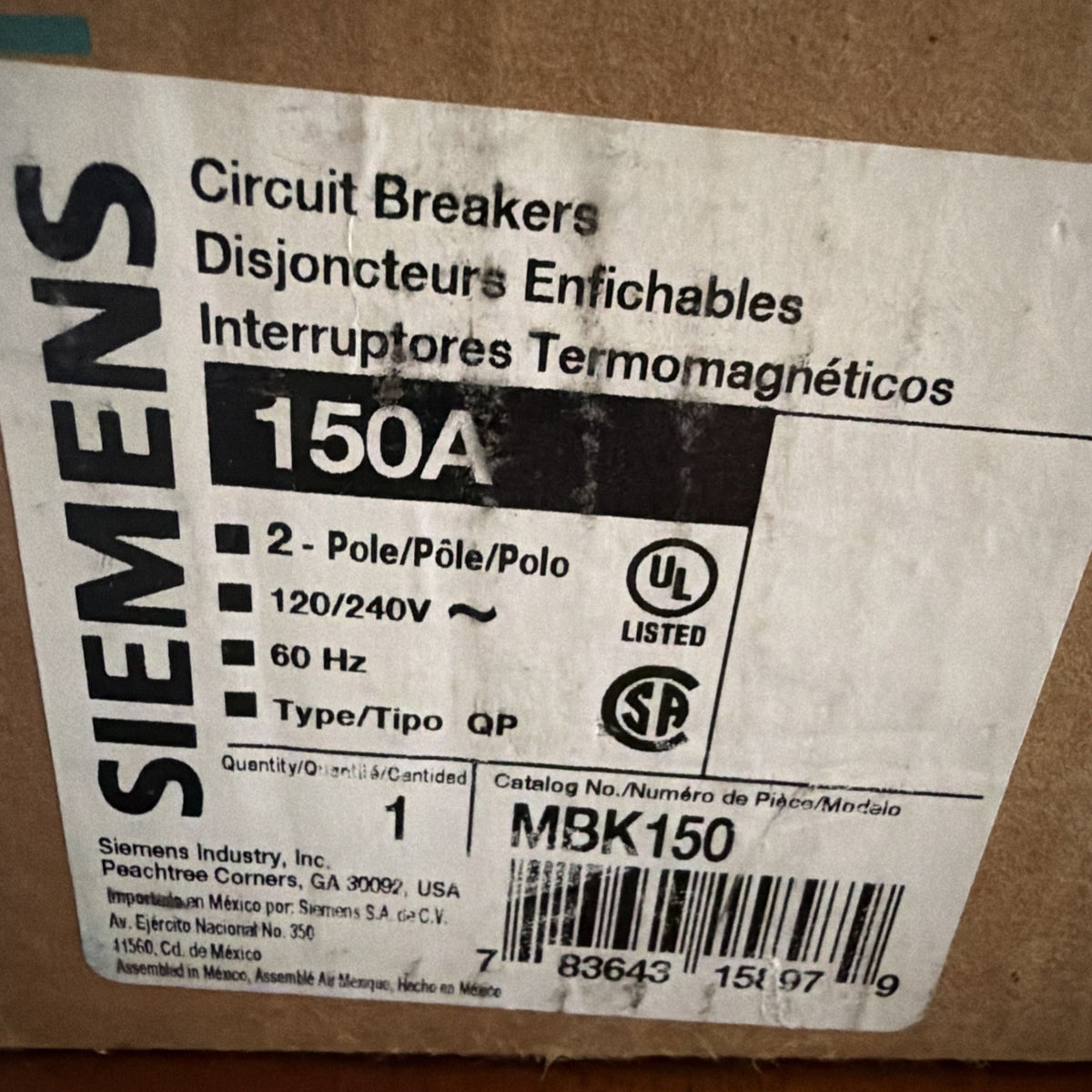 Siemens MBK150 150A Main Circuit Breaker Kit 2-Pole 120/240V for Type QP Panels