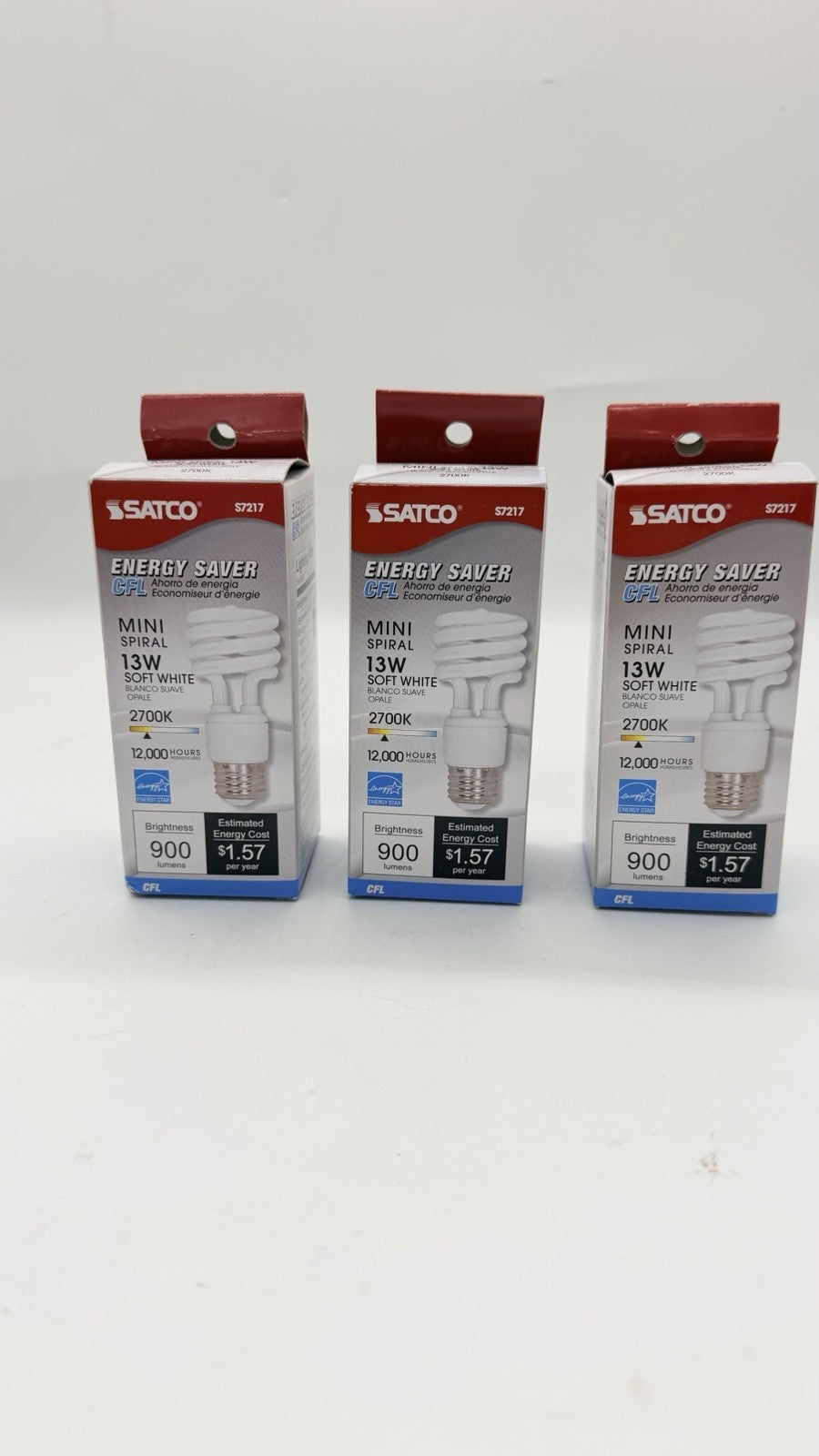 Lot of 3 Satco S7217 13W CFL Mini Spiral Bulbs 2700K Soft White E26 Medium Base - New Old Stock