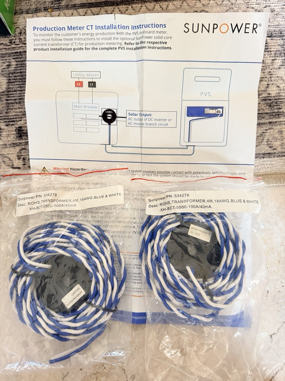 Lot of 2 SunPower 534278 Production Meter CT Sensors 100A/40mA Current Transformers