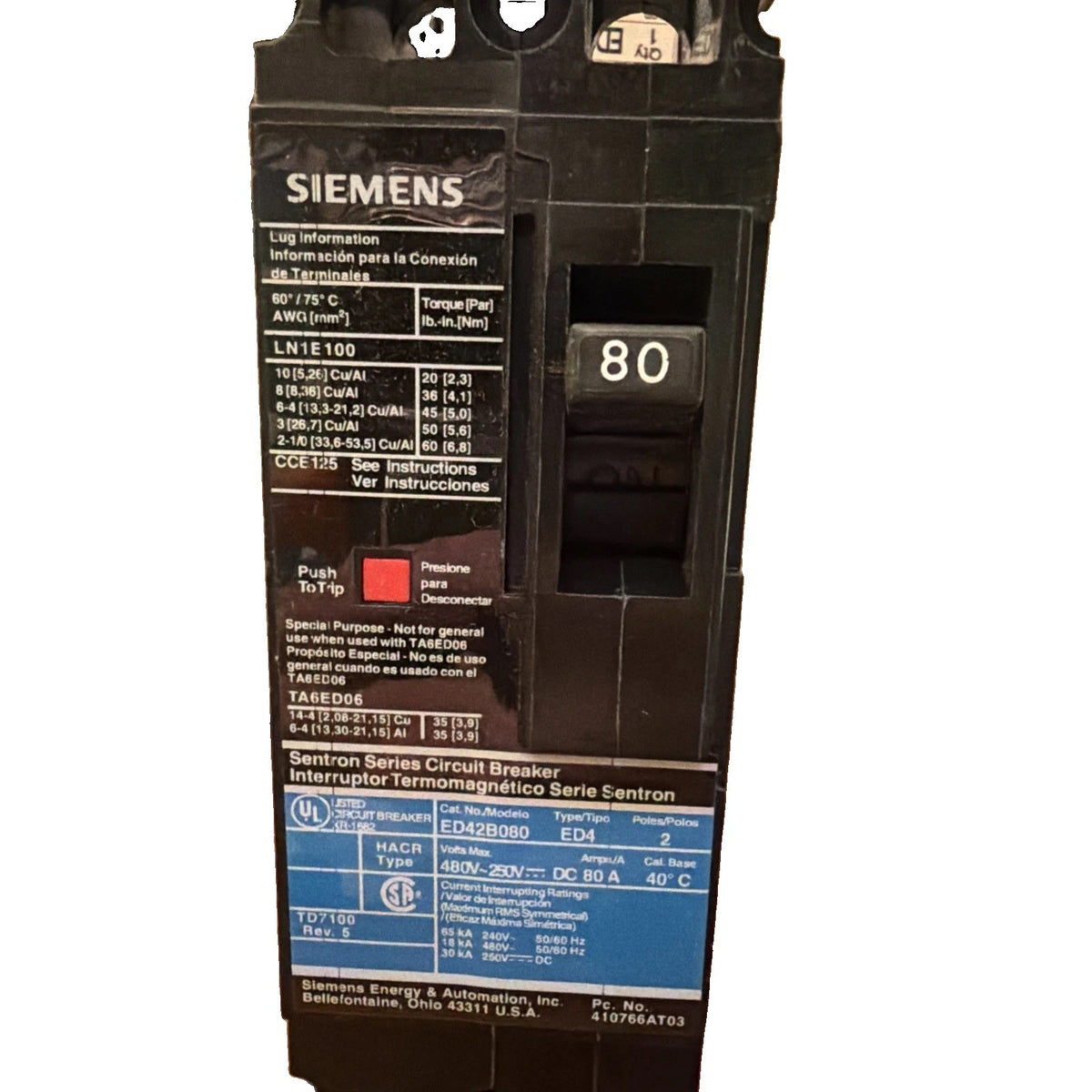 Siemens ED42B080L 80 Amp 2-Pole 480V Circuit Breaker with Lugs