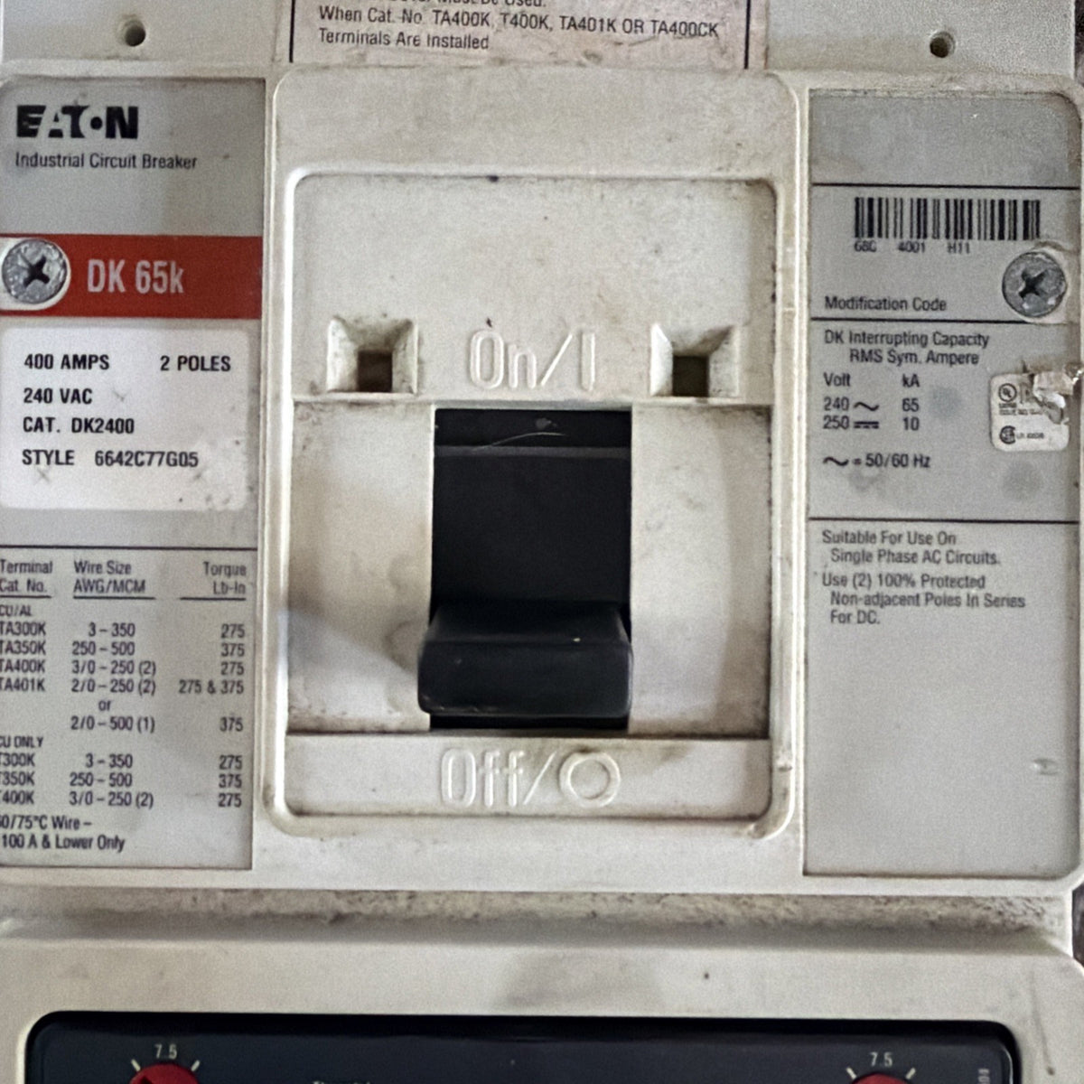 Eaton Cutler-Hammer DK2400 400 Amp 2-Pole Series C DK Circuit Breaker 65kAIC