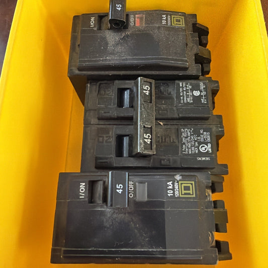 Lot of 3 45 Amp 2-Pole Circuit Breakers Siemens Type QP and Square D Homeline Mix