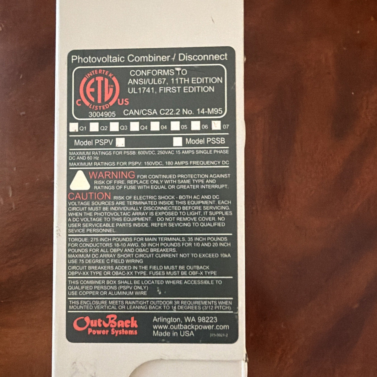 OutBack Power PSPV Solar Combiner Box with Internal DC Breakers - Open Box