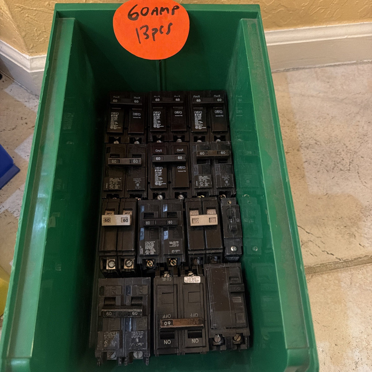Lot of 13 Assorted 60 Amp 2-Pole Circuit Breakers Eaton BR Square D Homeline