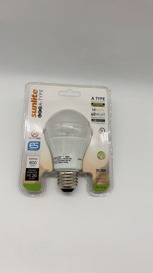 Sunlite A19 LED Light Bulb 10W 60W Equivalent 5000K 800 Lumens Non-Dimmable