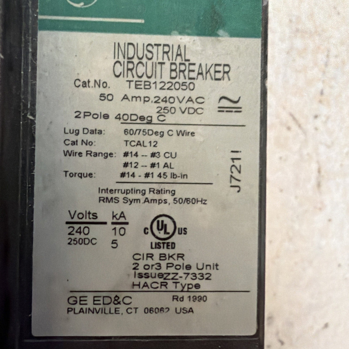 GE TEB122050 50 Amp 2-Pole 240VAC Type TEB Industrial Circuit Breaker - New Old Stock