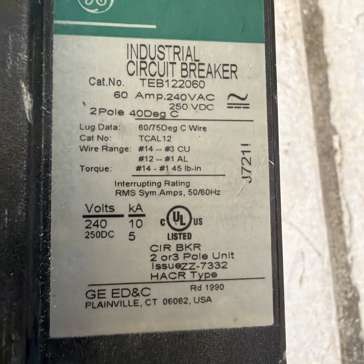 Lot of 2 GE TEB122050 TEB122060 50A 60A 2-Pole Industrial Circuit Breakers - New Old Stock