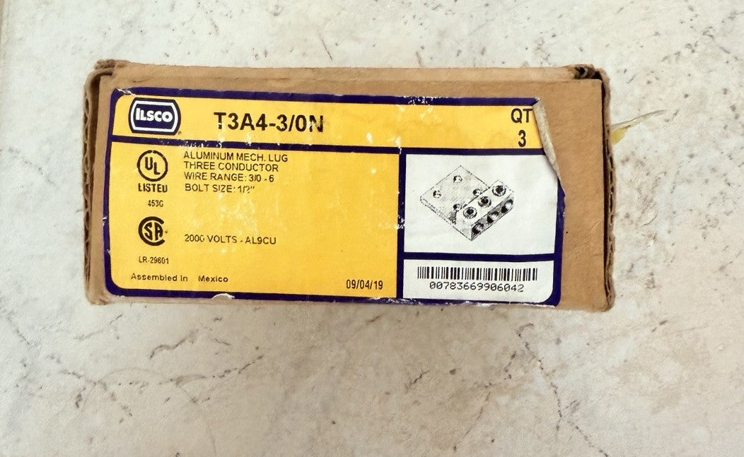 Lot of 3 Ilsco T3A4-3/0N Aluminum Mechanical Lugs 3-Conductor 6-3/0 AWG Al/Cu