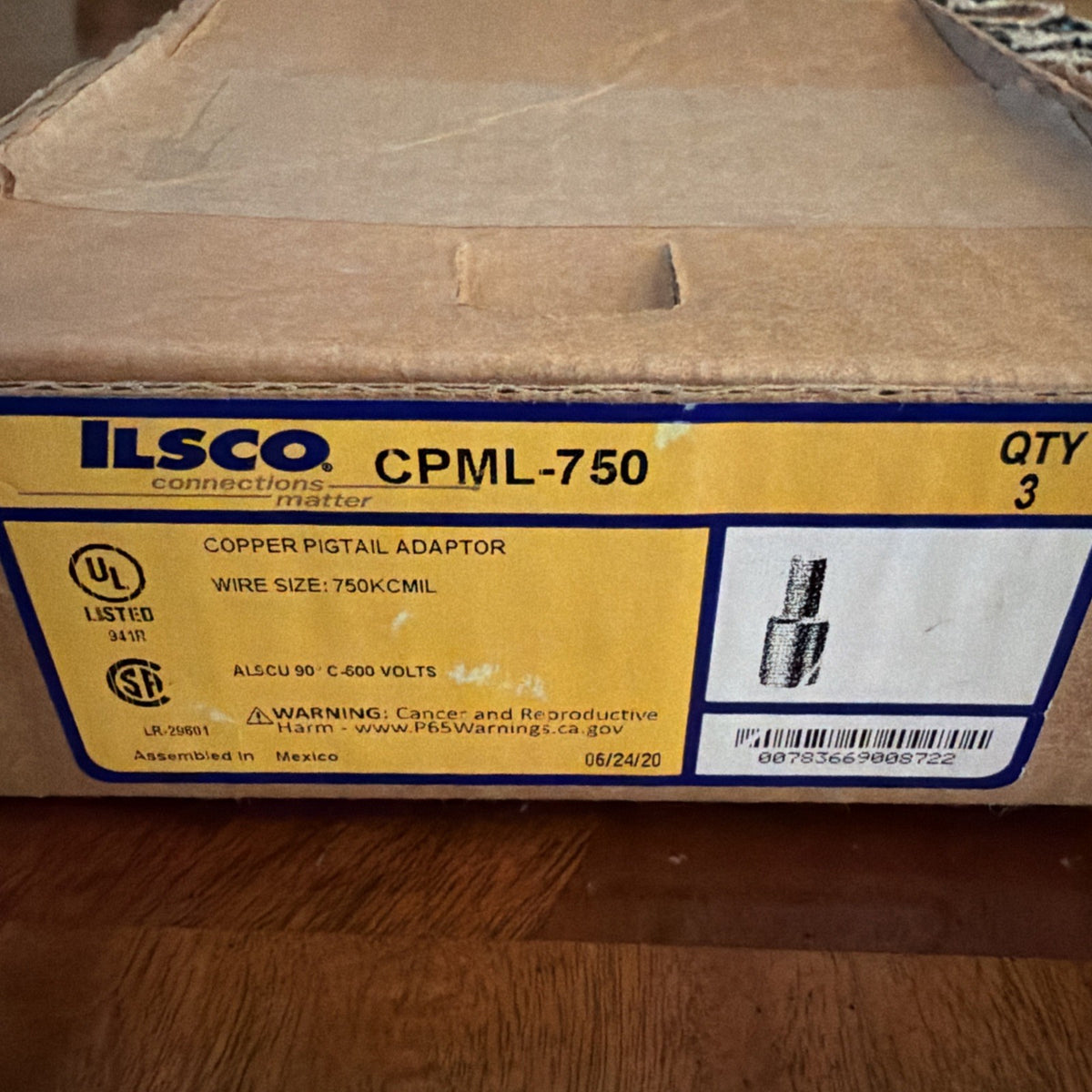 Box of 3 Ilsco CPML-750 Copper Compression Pigtail Adapters 750 kcmil 600V