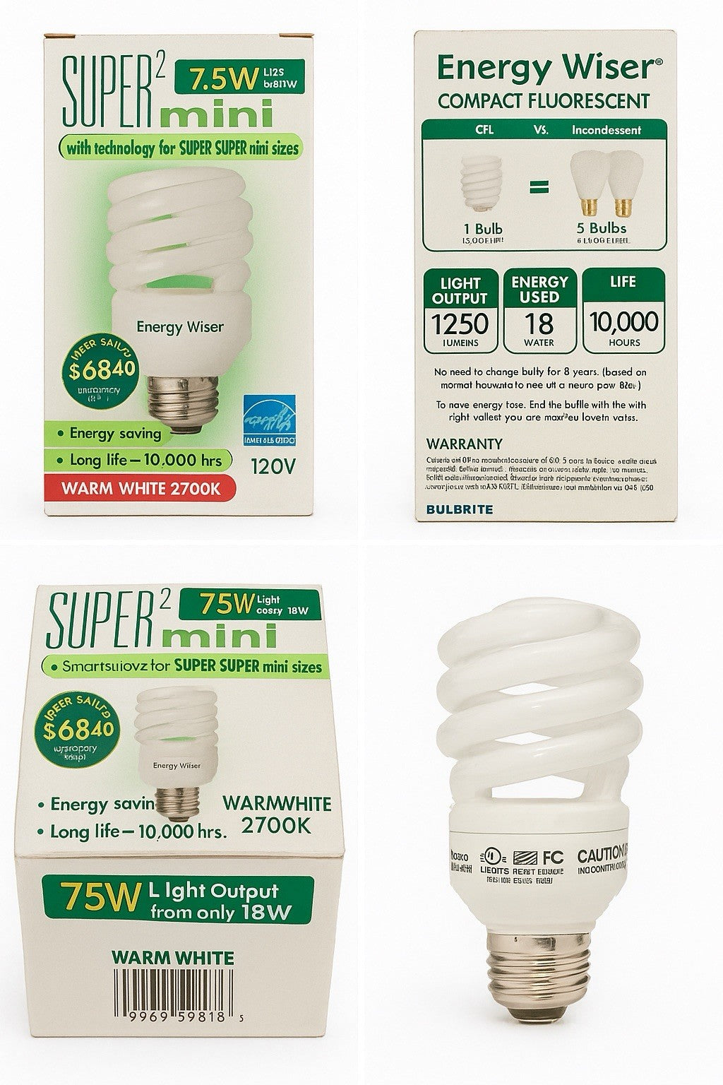 Energy Wiser 18W Mini Spiral CFL Bulb 75W Eq 1250lm Warm White 2700K E26 NEW