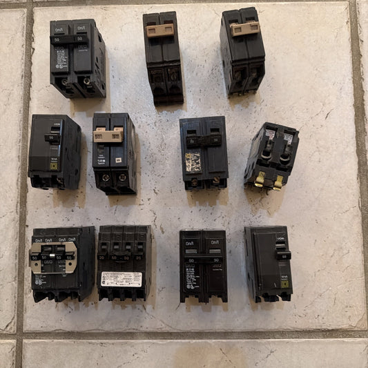 Lot of 11 Assorted 50 Amp 2-Pole Circuit Breakers Eaton BR Square D Challenger