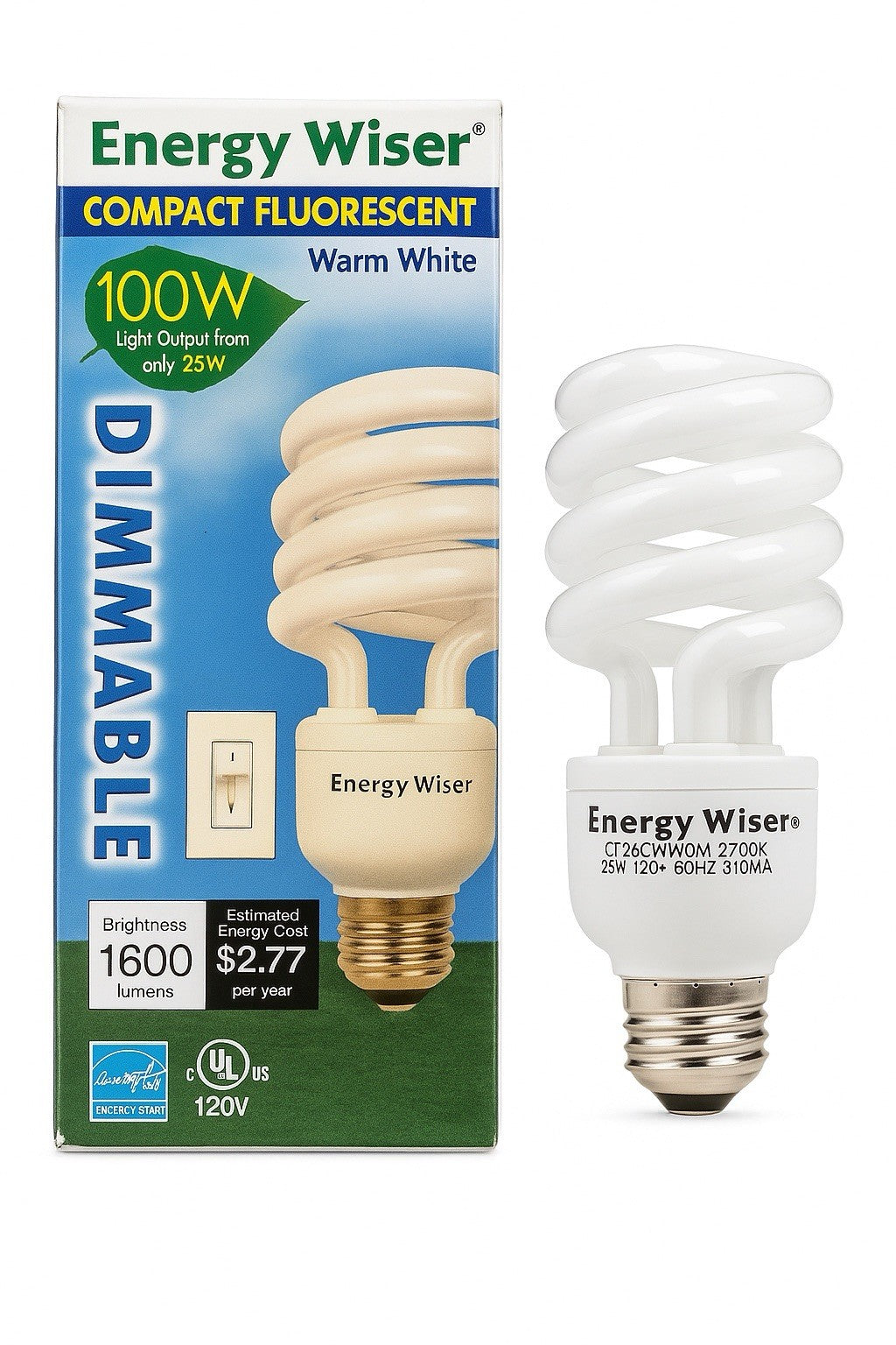 Energy Wiser 23W Dimmable Spiral CFL Bulb 100W Eq 1600 Lumens Warm White NEW