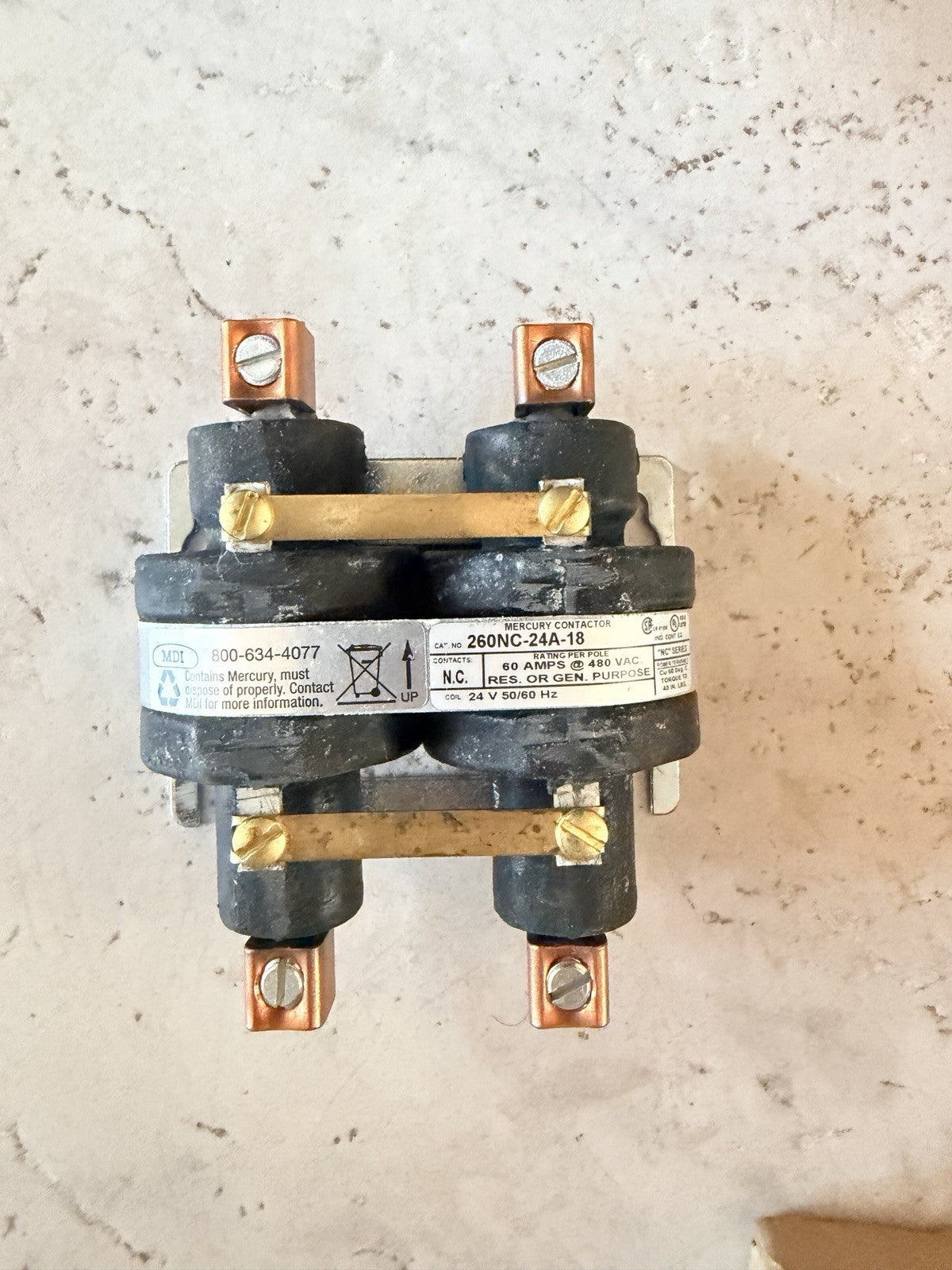 MDI 260NC-24A-18 Mercury Contactor 60A 2 Pole Normally Closed 24VAC Coil