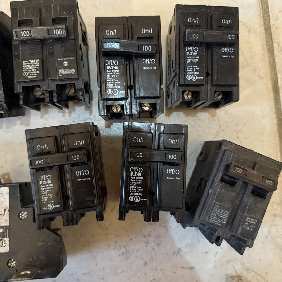 Lot of 10 100 Amp 2-Pole Circuit Breakers Mix Eaton GE Siemens Heinemann