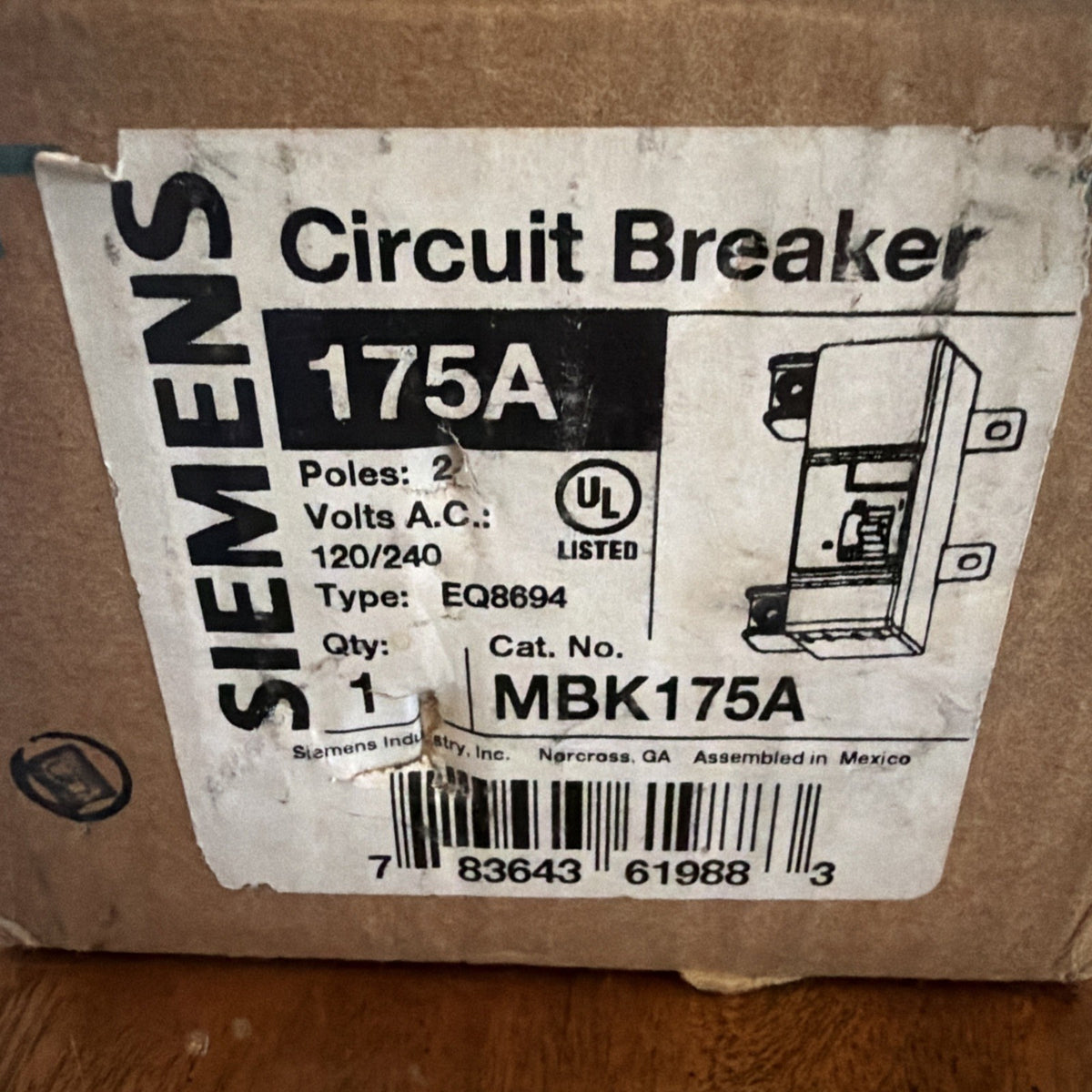 Siemens MBK175A 175A Main Circuit Breaker Kit 2-Pole 120/240V EQ8694