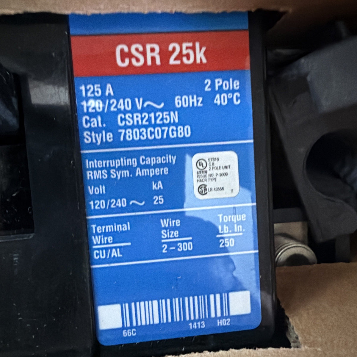 Eaton Cutler-Hammer CSR2125N 125A 2-Pole 120/240V Main Breaker Type CH