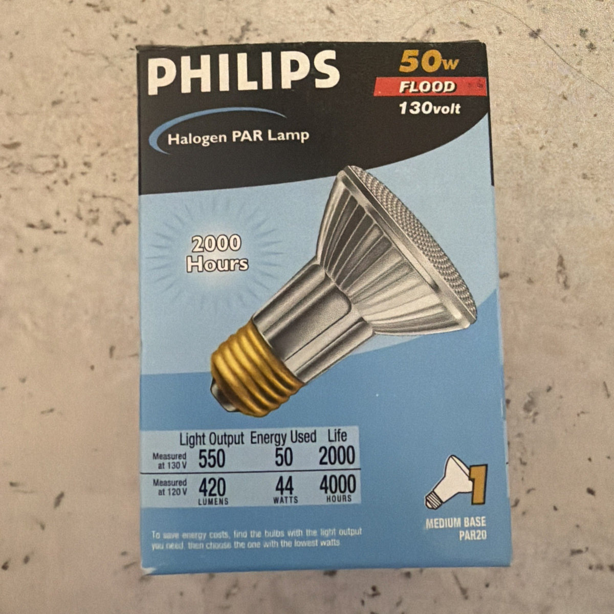 Philips 229211 50PAR20/HAL/FL25 50W Halogen PAR20 Flood Bulb 130V 550 Lumens - New Old Stock