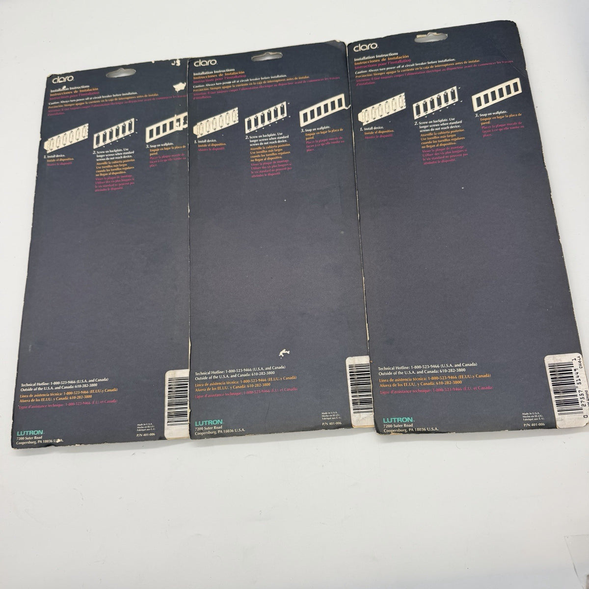 Lot of 3 Lutron Claro CW-6-LA 6-Gang Screwless Decorator Wallplates Light Almond