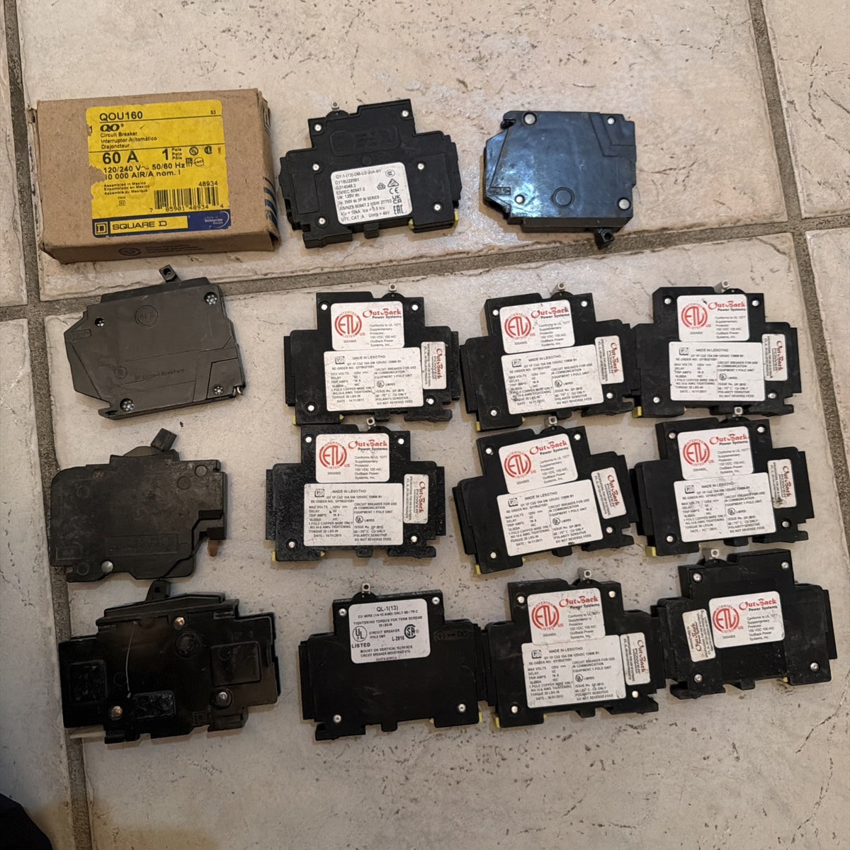 Bulk Lot of 15 OutBack Power CBI Solar Breakers and Square D QOU160 60A Mixed