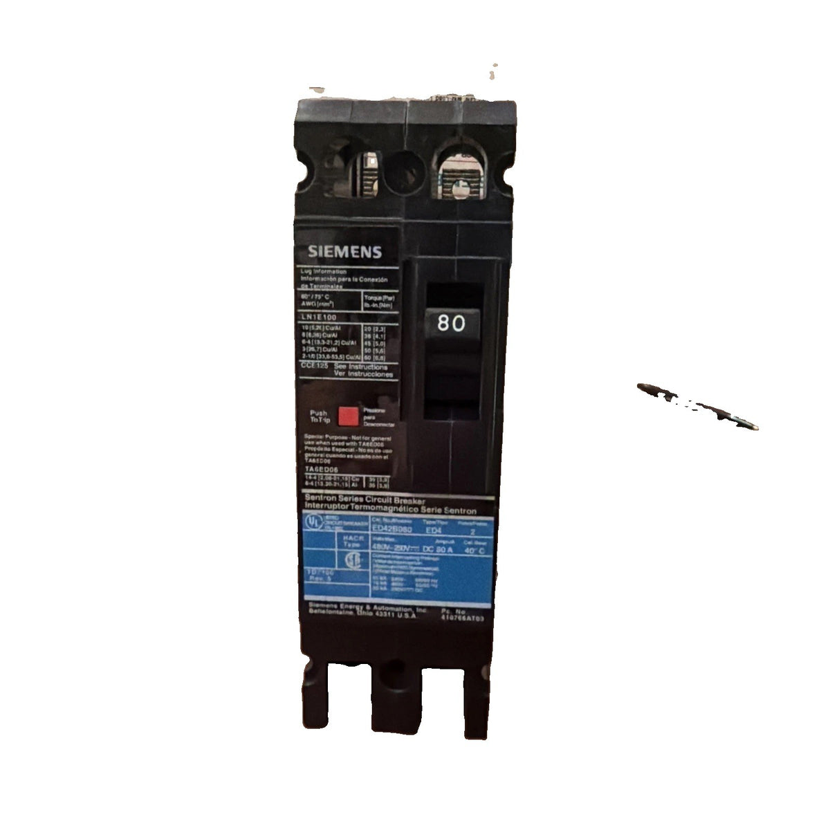 Siemens ED42B080L 80 Amp 2-Pole 480V Circuit Breaker with Lugs
