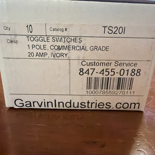Box of 10 Garvin TS20I 20A Commercial Toggle Switch Single Pole Ivory 120/277V