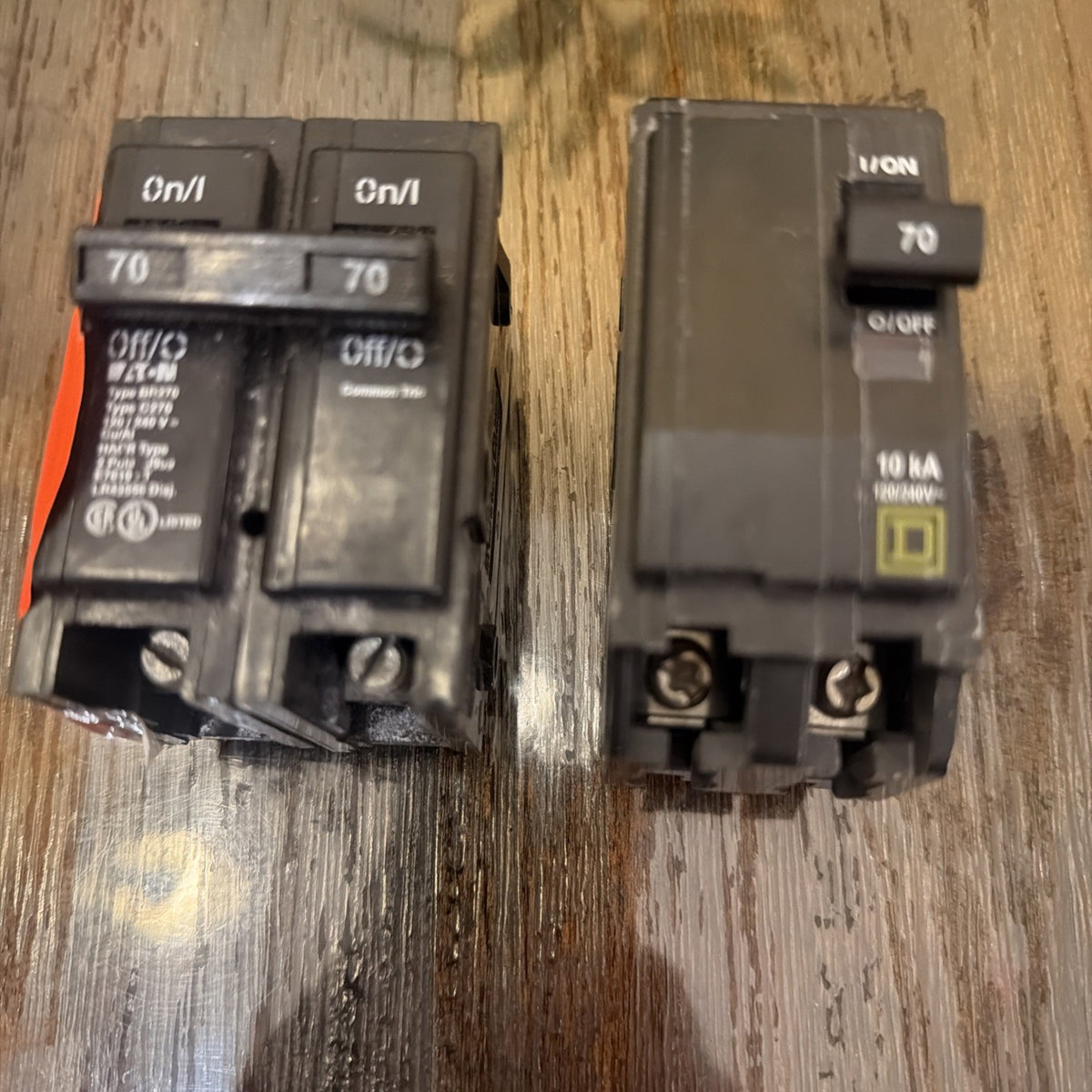 Lot of 2 Eaton BR270 and Square D HOM270 70 Amp 2-Pole Circuit Breakers