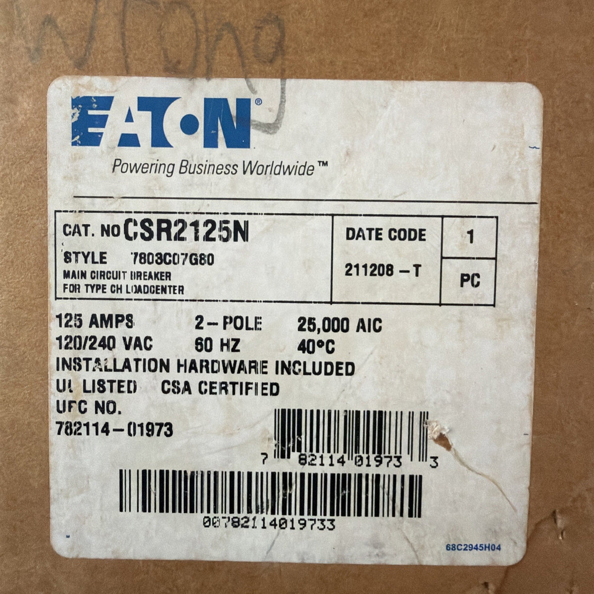 Eaton Cutler-Hammer CSR2125N 125A 2-Pole 120/240V Main Breaker Type CH