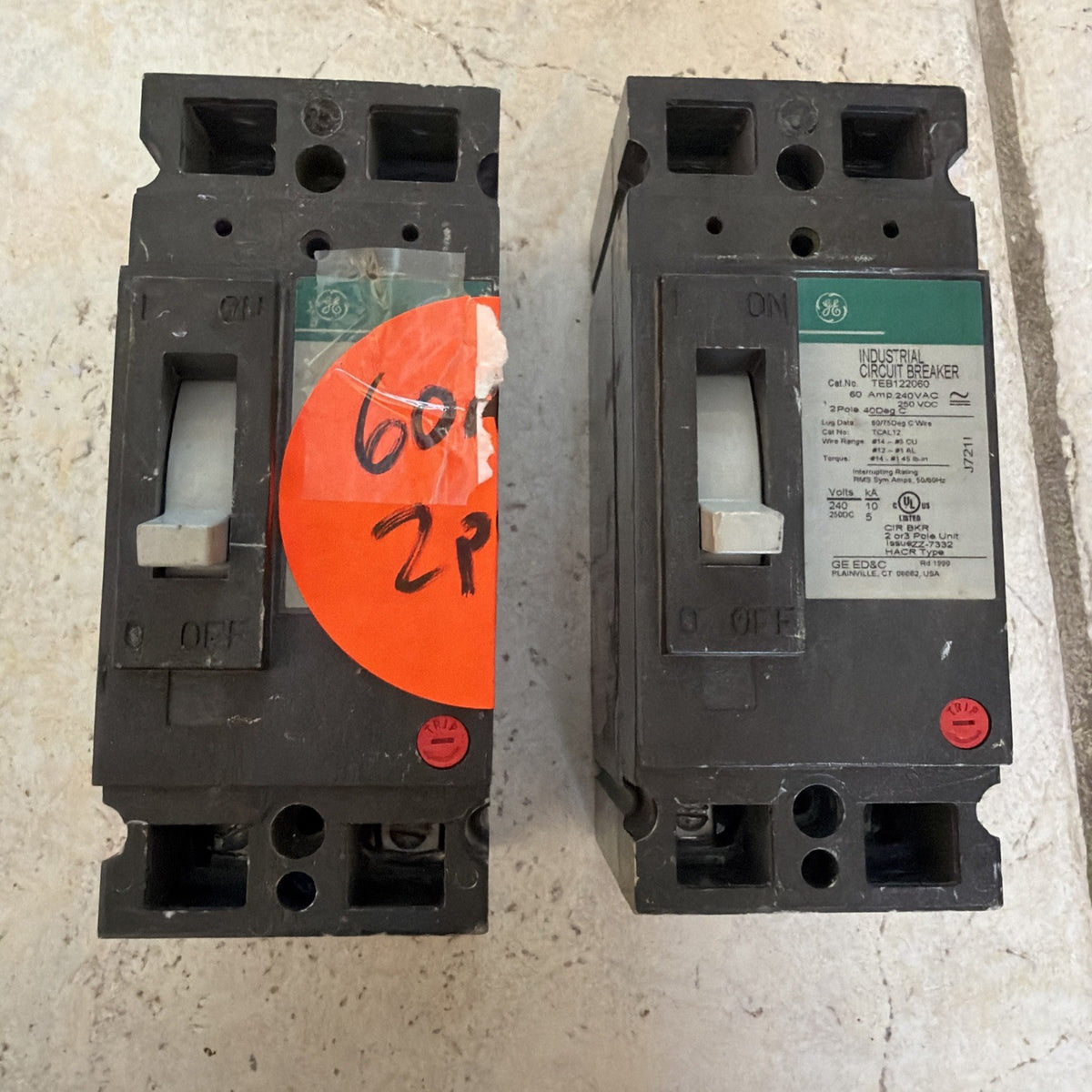Lot of 2 GE TEB122050 TEB122060 50A 60A 2-Pole Industrial Circuit Breakers - New Old Stock