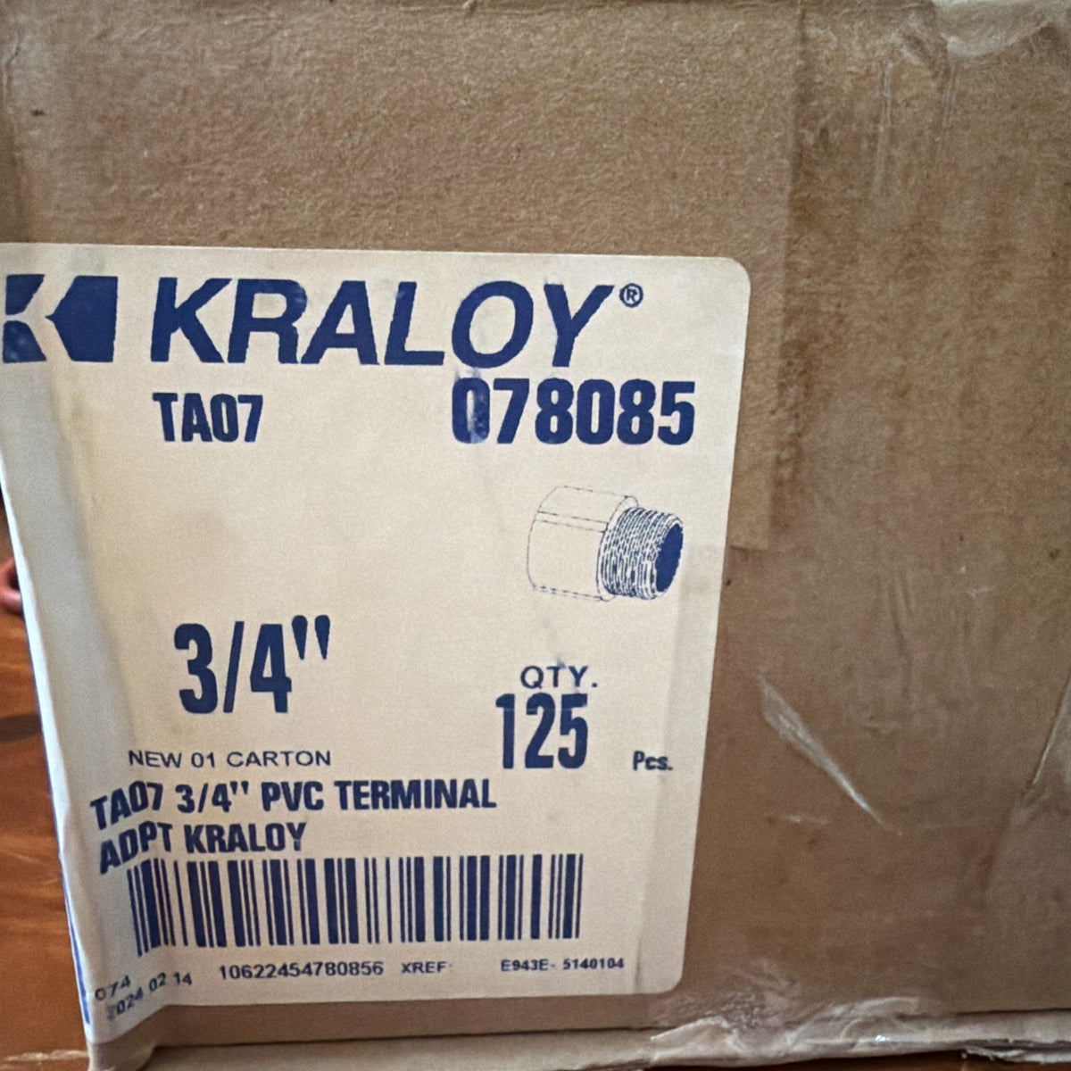 Box of 109 Kraloy TA07 3/4 Inch PVC Terminal Adapters Gray 078085