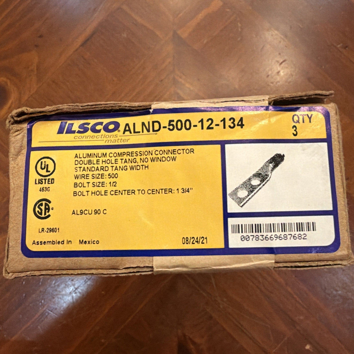 Box of 3 Ilsco ALND-500-12-134 Aluminum Compression Lugs 500 MCM 2-Hole