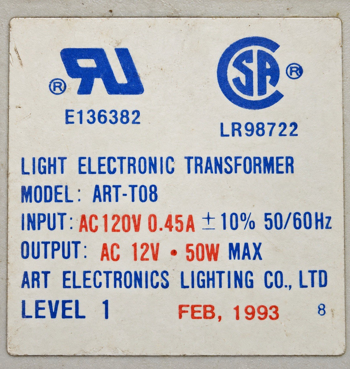 Art Electronics ART-T08 50W Electronic Lighting Transformer 120V to 12V AC Low Voltage