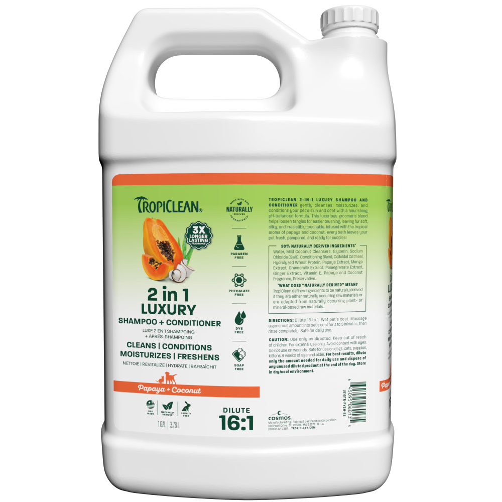 TropiClean Papaya & Coconut Luxury 2-in-1 Shampoo and Conditioner for Pets, 1 gallon