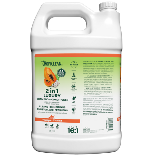 TropiClean Papaya & Coconut Luxury 2-in-1 Shampoo and Conditioner for Pets, 1 gallon